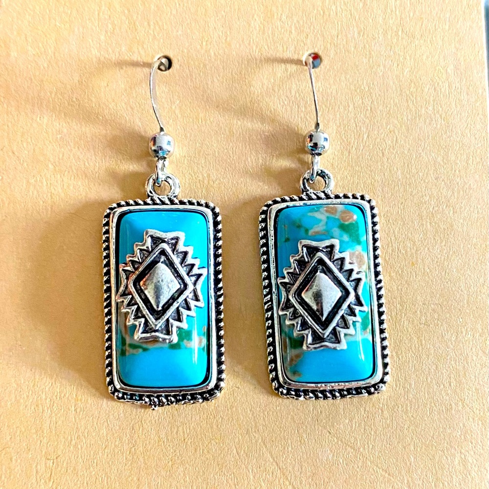 3D Earrings Silver and Turquoise Dangle Drop Southwest Aztec Rectangle Aqua Blue